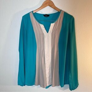 Alfani Teal Colorblock Pleated V-Neck Blouse - Size 12 Women’s